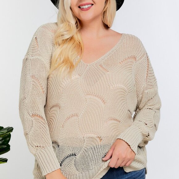 DAVI & DANI Plus Size Beige Open Knit V-Neck Sweater, Lightweight Boho Pullover - Picture 7 of 7